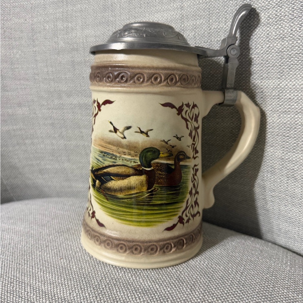 Ceramic Beer Stein with Mallard Duck Scene and Pewter Lid